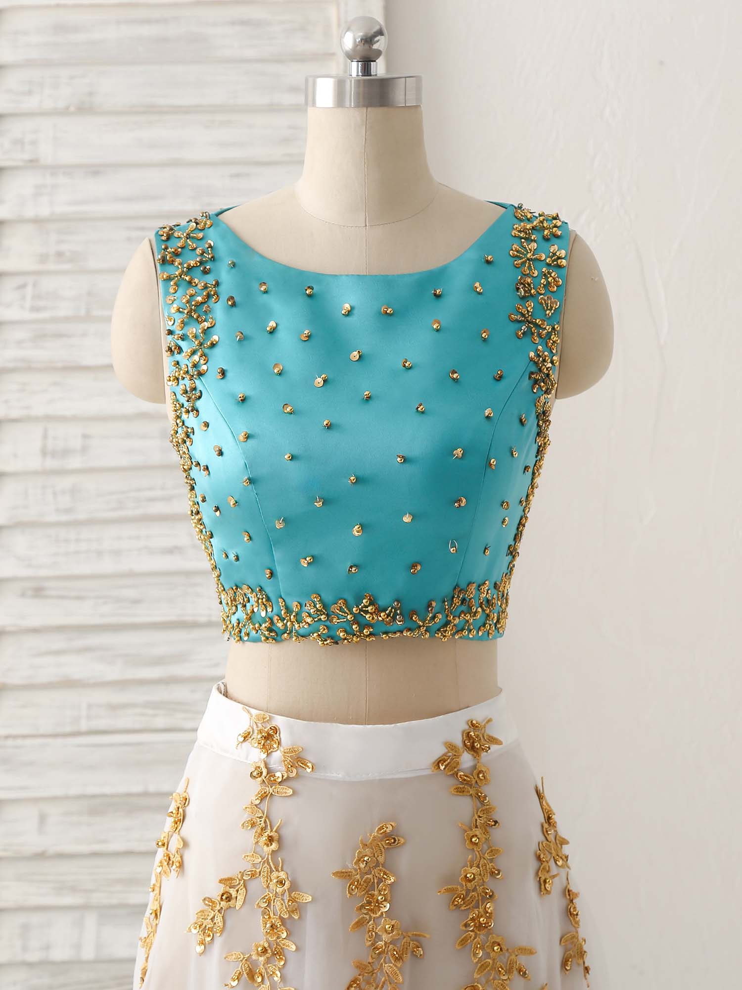 Unique Two Pieces Beads Lace Applique Long Prom Dress, Green Evening Dress - Deanwangkt