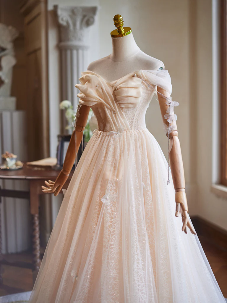 A-Line Off Shoulder Tulle Beads Champagne Long Prom Dress - Deanwangkt