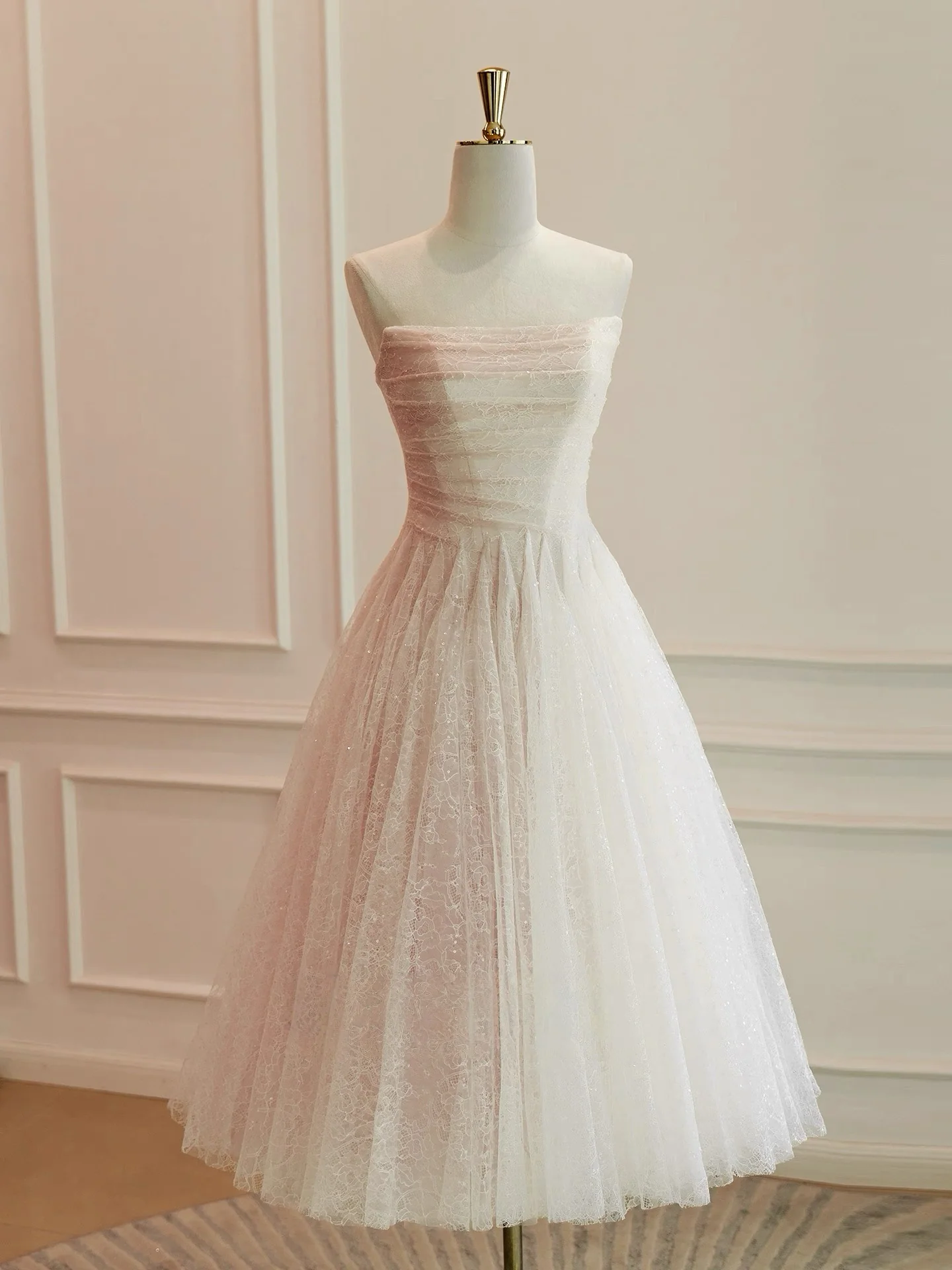 A-Line Tulle Lace Short Prom Dress, Light Champagne Homecoming Dress - Deanwangkt