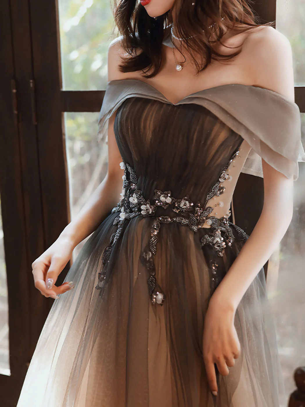 A Line Brown Long Prom Dresses, Off Shoulder Brown Formal Graduation Dresses - Deanwangkt