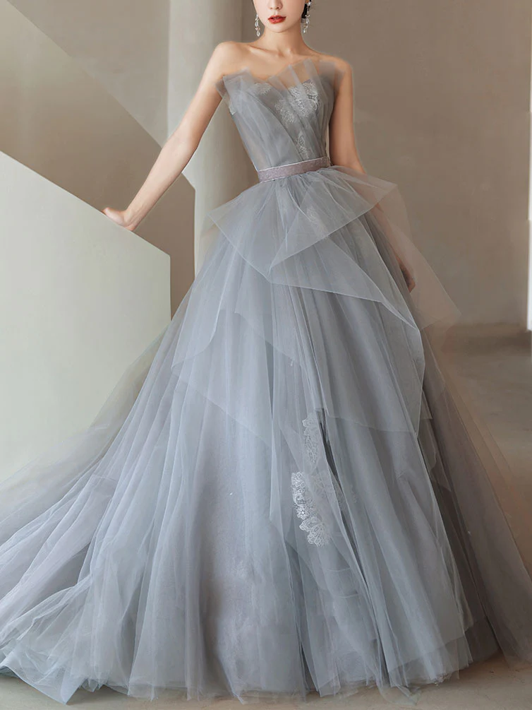 Gray Tulle Lace Long Prom Dress, Tulle Lace Evening Dress - Deanwangkt