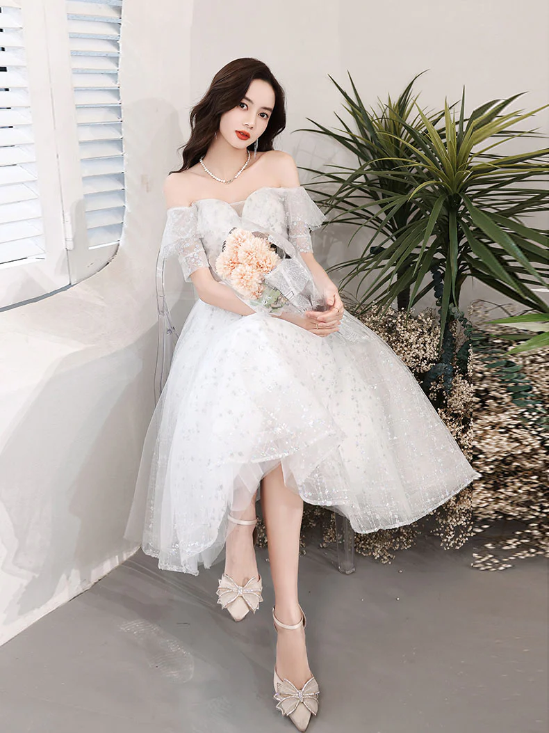 Gray White Lace Short Prom Dress White Tulle Lace Homecoming Dress - Deanwangkt