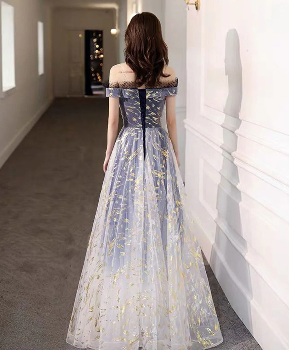 Blue Tulle Off Shoulder Lace Long Prom Dress Tulle Formal Dress - Deanwangkt