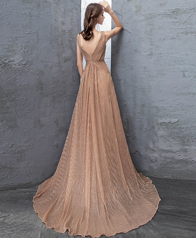 Unique Gold V Neck Tulle Long Prom Dress, Gold Tulle Evening Dress - Deanwangkt
