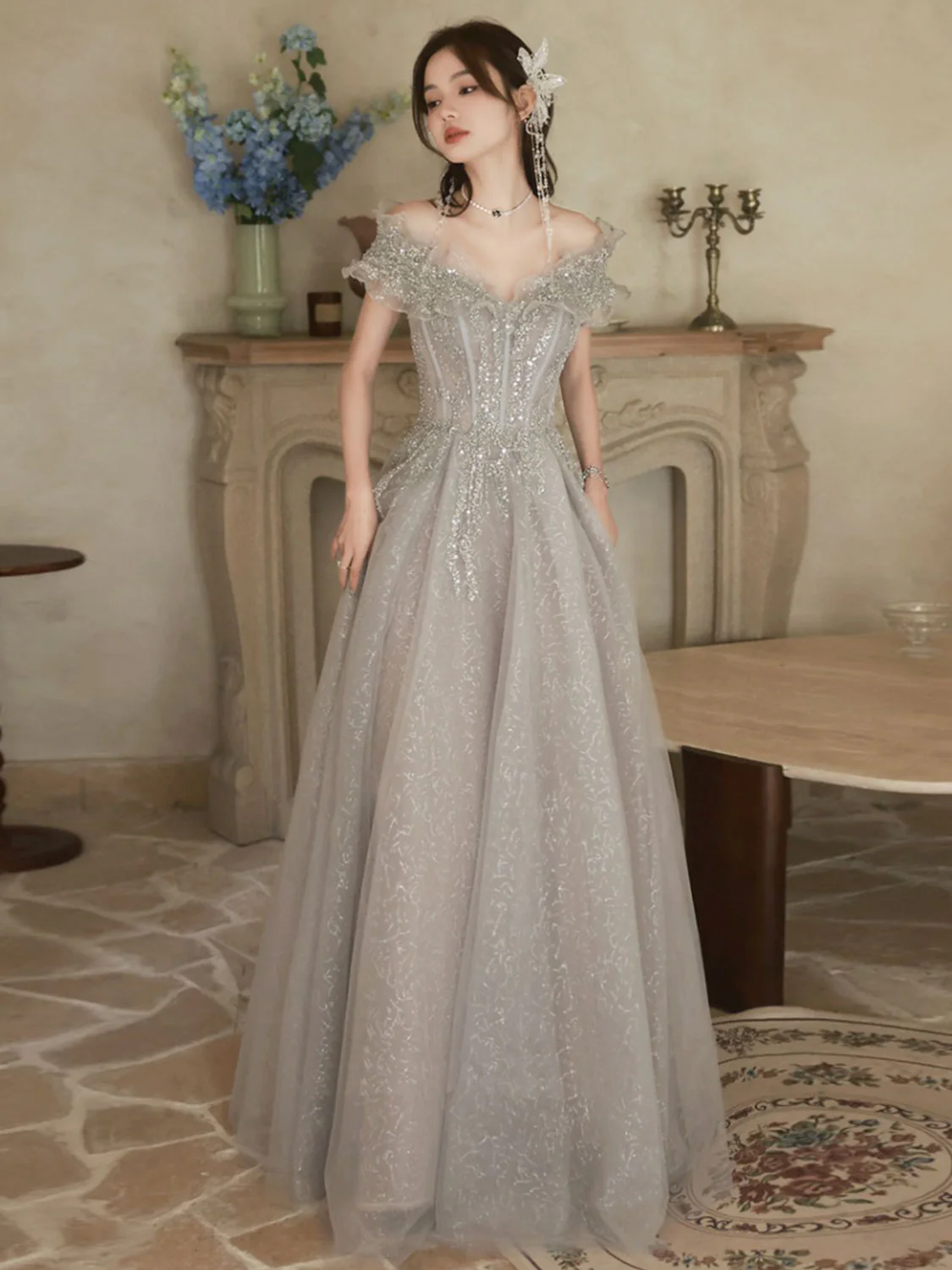 A-Line Off Shoulder Tulle Sequin Gray Long Prom Dress, Gray Formal Dress - Deanwangkt