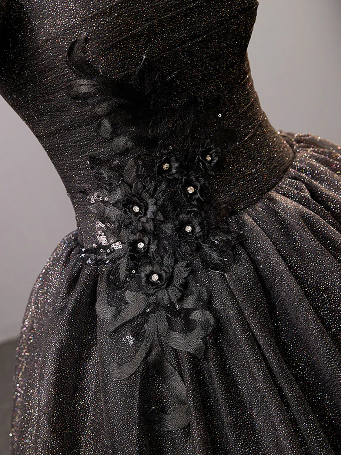Black Square Neckline Tulle Long Prom Dresses, Shiny Tulle Black Evening Dress - Deanwangkt