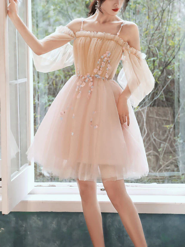 Champagne Tulle Lace Short Prom Dress, Tulle Lace Puffy Homecoming Dress - Deanwangkt
