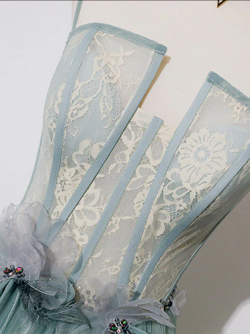 Green A-line Tulle Lace Long Prom Dress Green Tulle Formal Dress - Deanwangkt