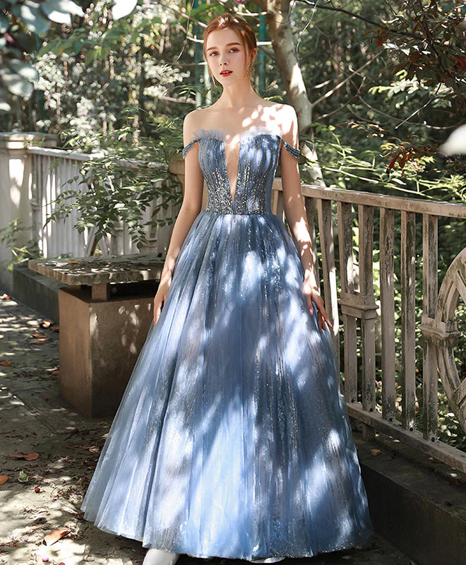 Blue Tulle Sequin Off Shoulder Long Prom Dress Tulle Evening Dress - Deanwangkt