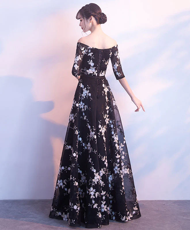 Black V Neck Off Shoulder Long Prom Dress, Black Evening Dress - Deanwangkt