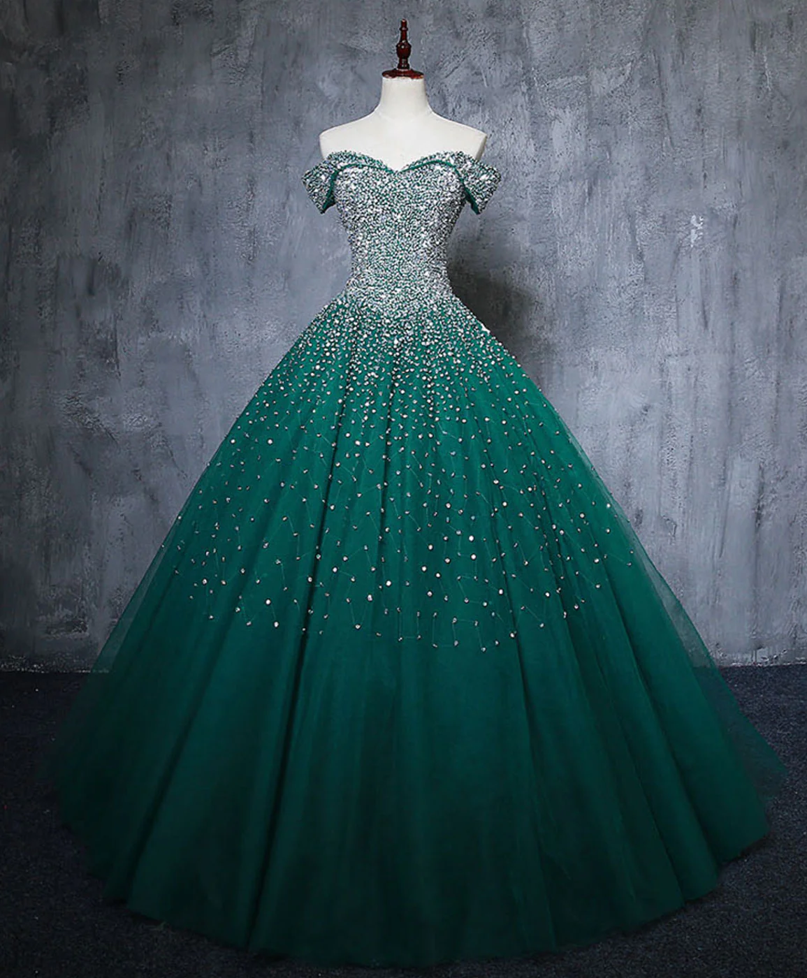 Green Tulle Sequin Long Prom Gown, Green Sequin Sweet 16 Dress - Deanwangkt