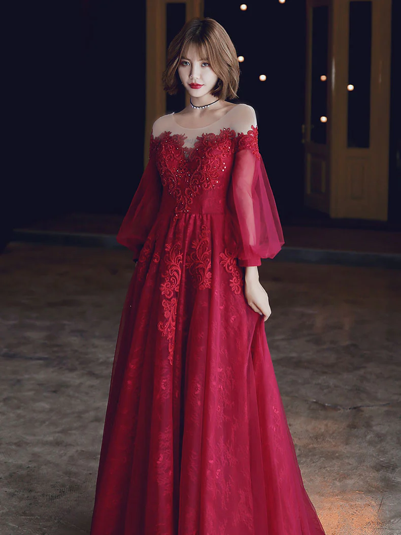 Red A line Tulle Lace Long Prom Dress, Tulle Lace Evening Dress - Deanwangkt