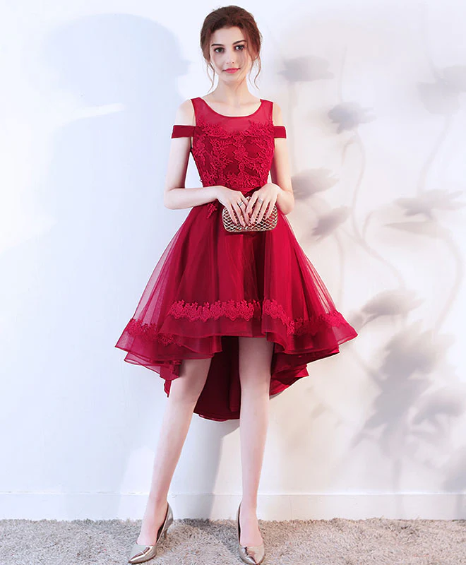 Cute Lace Off Shoulder Short Prom Dress, High Low Evening Dress - Deanwangkt