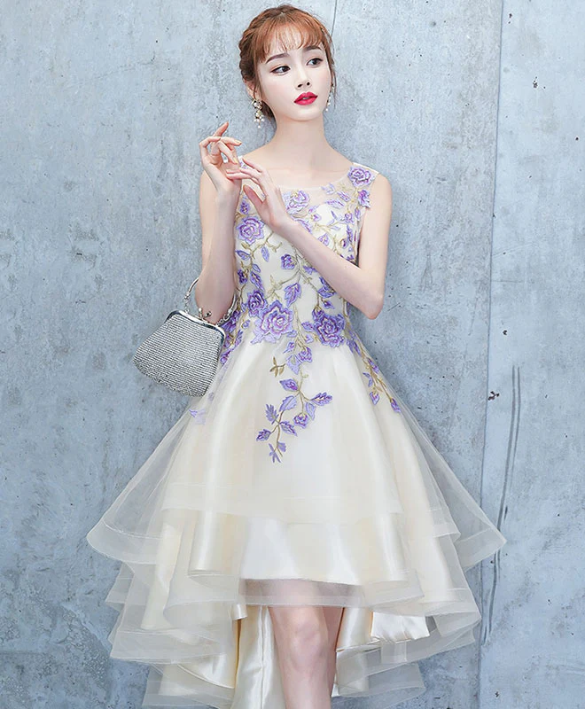 Light Champagne Tulle Lace Short Prom Dress, Lace Homecoming Dress - Deanwangkt