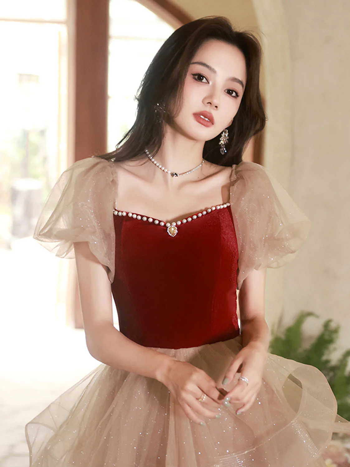 Champagne/Burgundy Tulle Short Prom Dress, Champagne/Burgundy Homecoming Dress - Deanwangkt