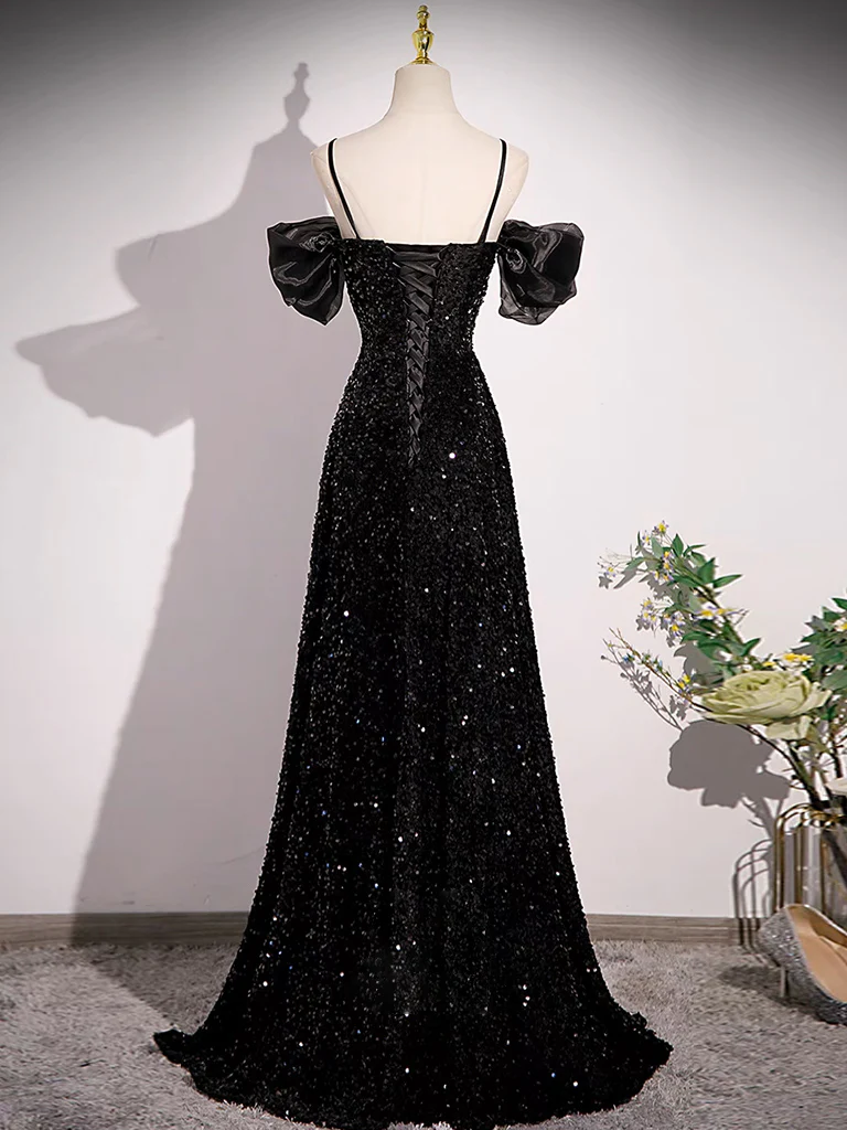 Black Off Shoulder Velvet Sequin Long Prom Dress, Black Long Evening Dress - Deanwangkt