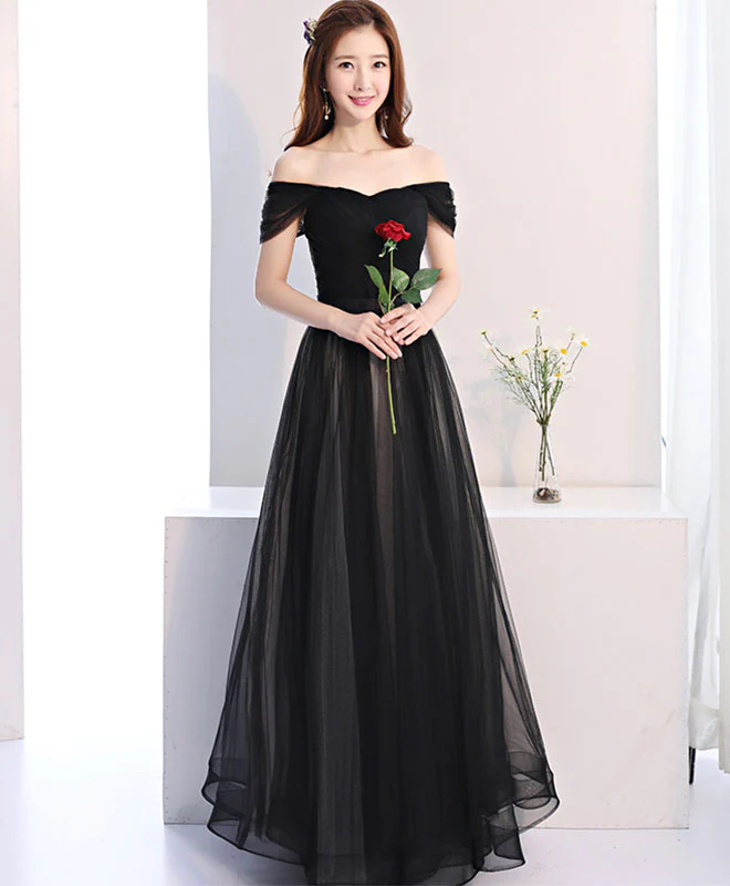 Black Off Shoulder Long Prom Dress, Black Evening Dress - Deanwangkt