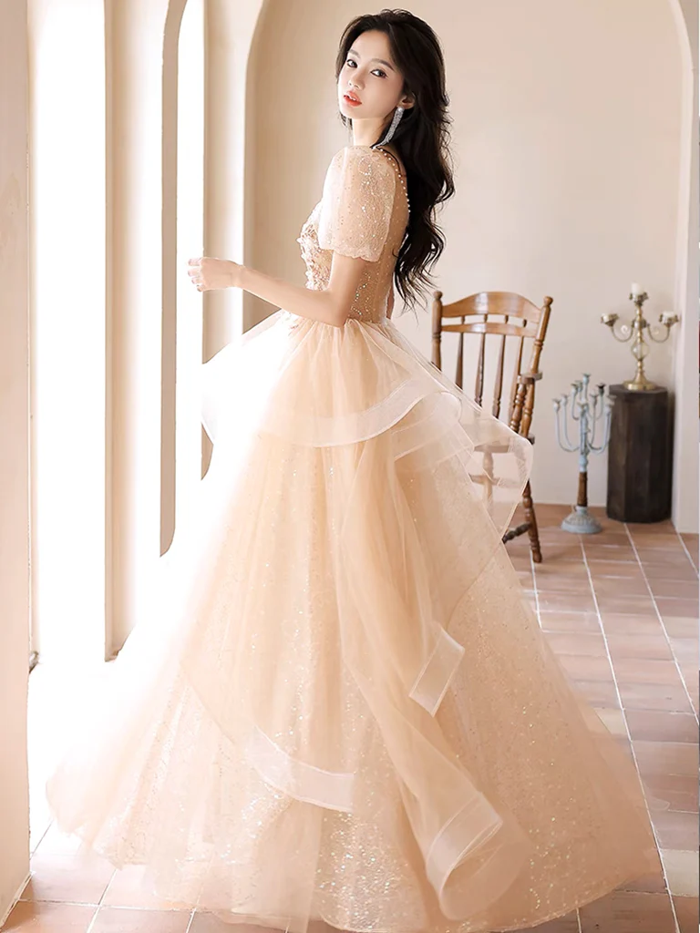 A-Line Champagne Tulle Lace Long Prom Dress, Champagne Long Formal Dress - Deanwangkt