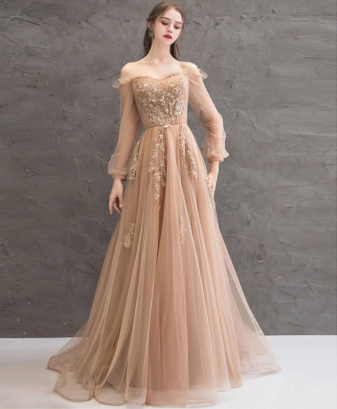Champagne Tulle Lace Long Prom Dress Champagne Tulle Evening Dress - Deanwangkt