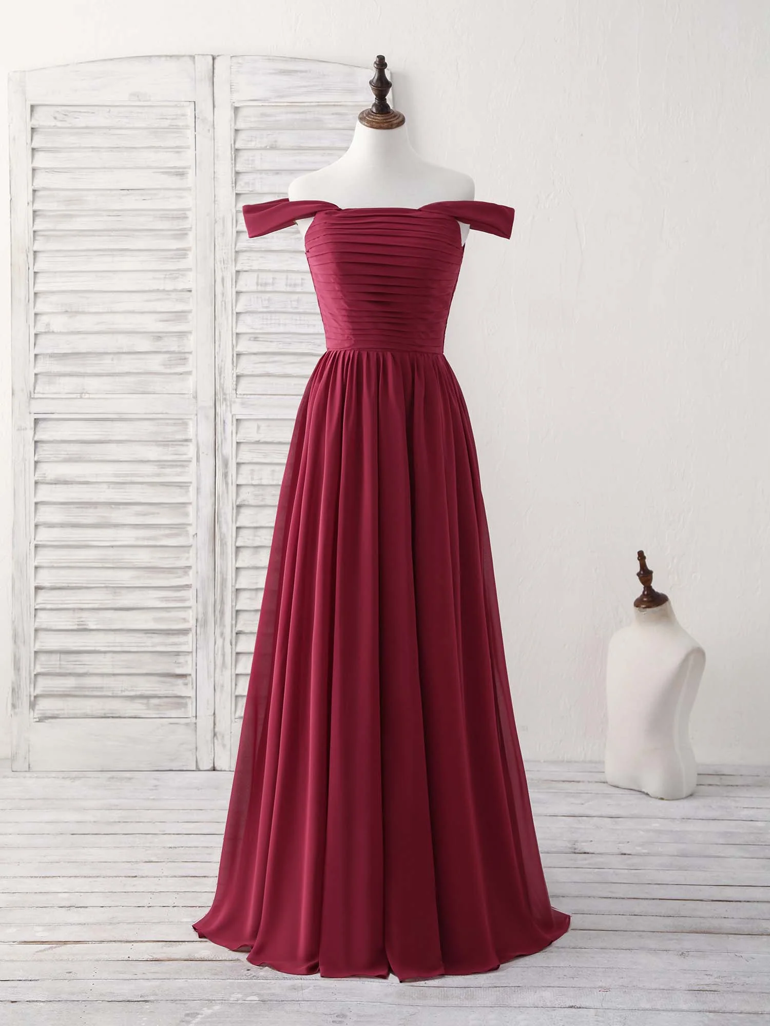 Burgundy Chiffon Off Shoulder Long Prom Dress Burgundy Bridesmaid Dress - Deanwangkt