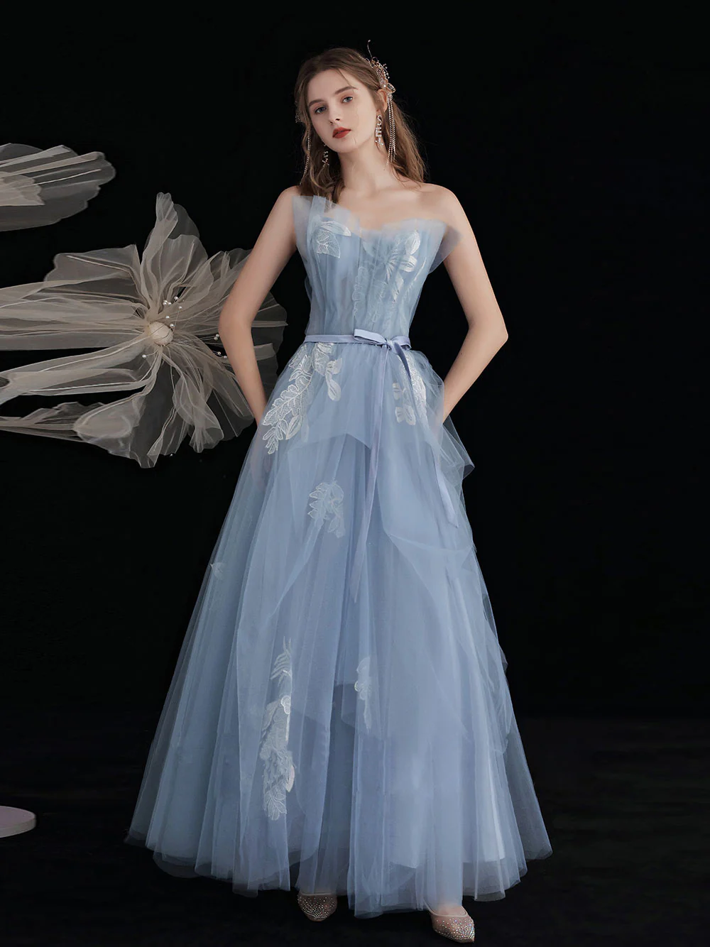 Blue Tulle Lace Tea Length Prom Dress, Lace Tulle Formal Dress - Deanwangkt