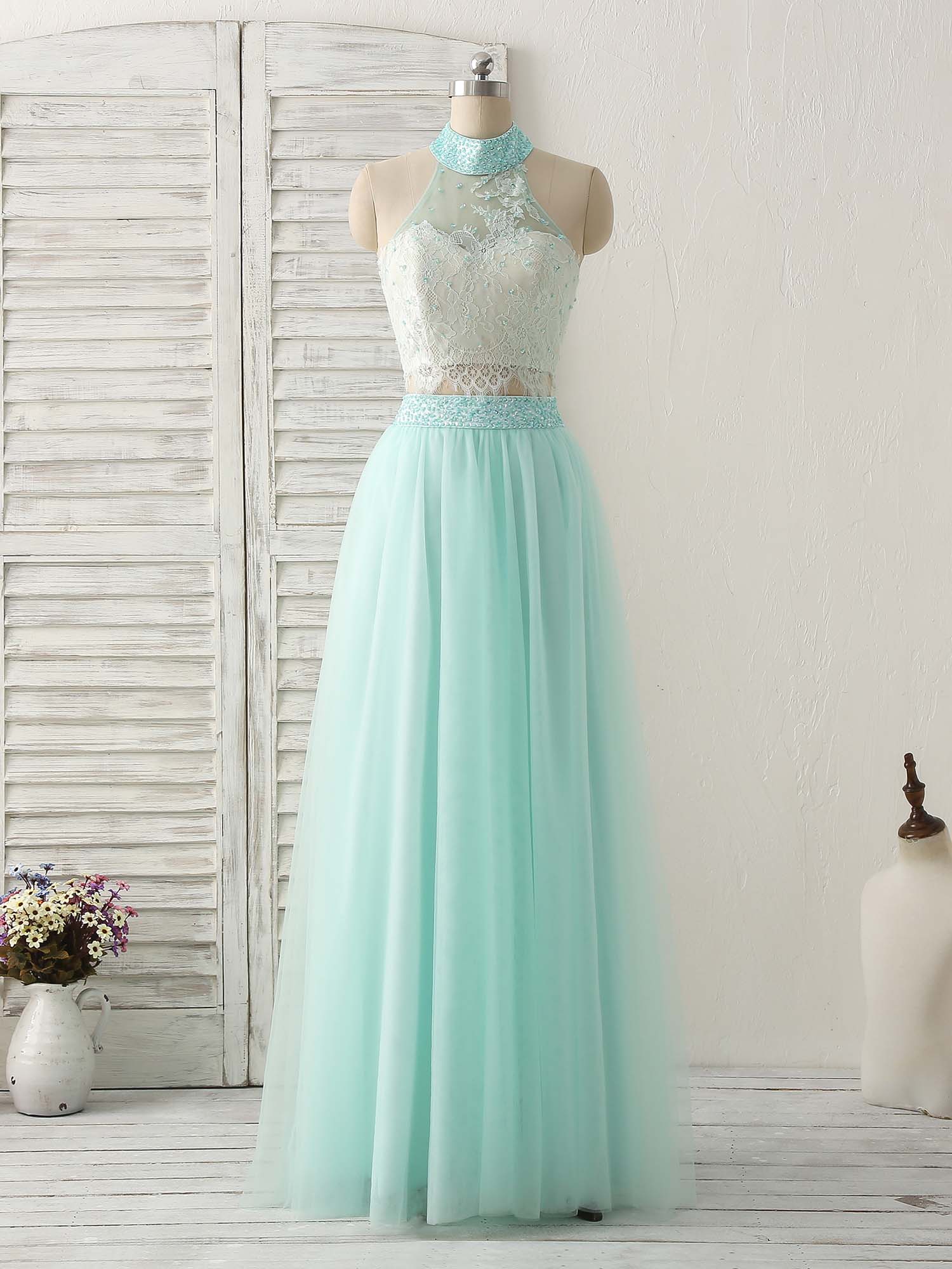Green Tulle Two Pieces Long Prom Dress Lace Beads Formal Dress - Deanwangkt