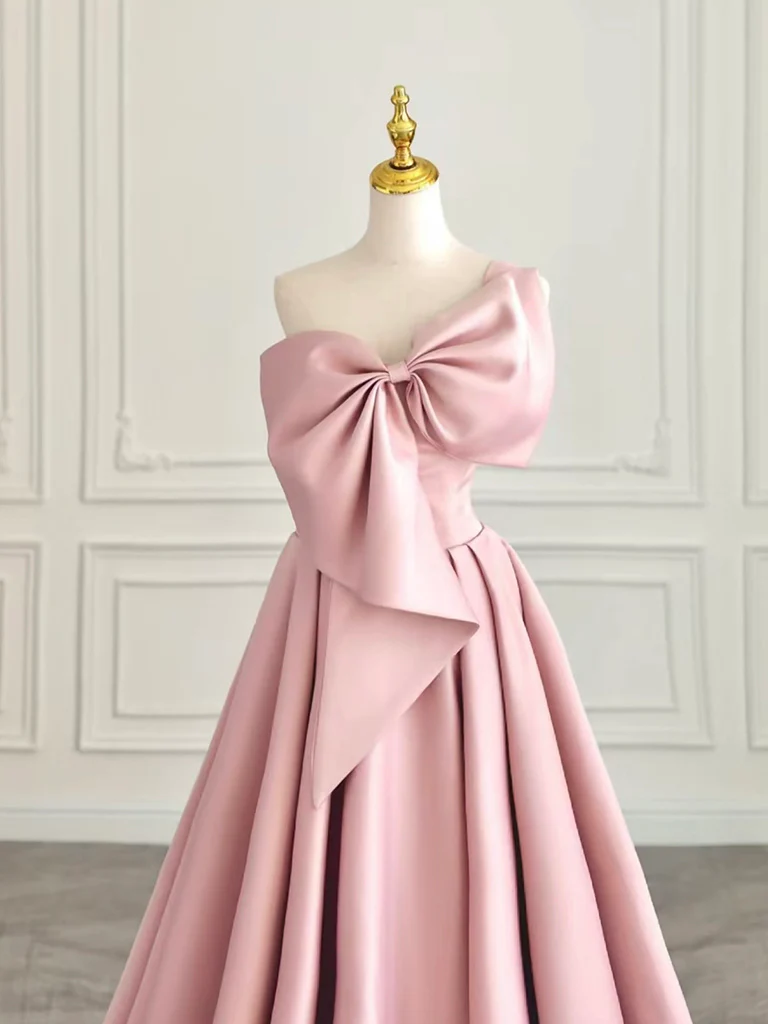 A-Line Sweetheart Neck Satin Pink Long Prom Dress, Pink Long Evening Dress - Deanwangkt