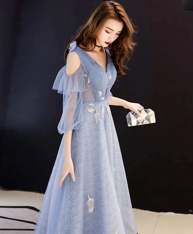 Blue V Neck Tulle Lace Long Prom Dress, Blue Evening Dress - Deanwangkt