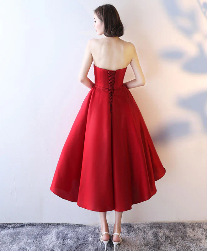 Simple Red Strapless Tea Length Prom Dress, Red Evening Dress - Deanwangkt