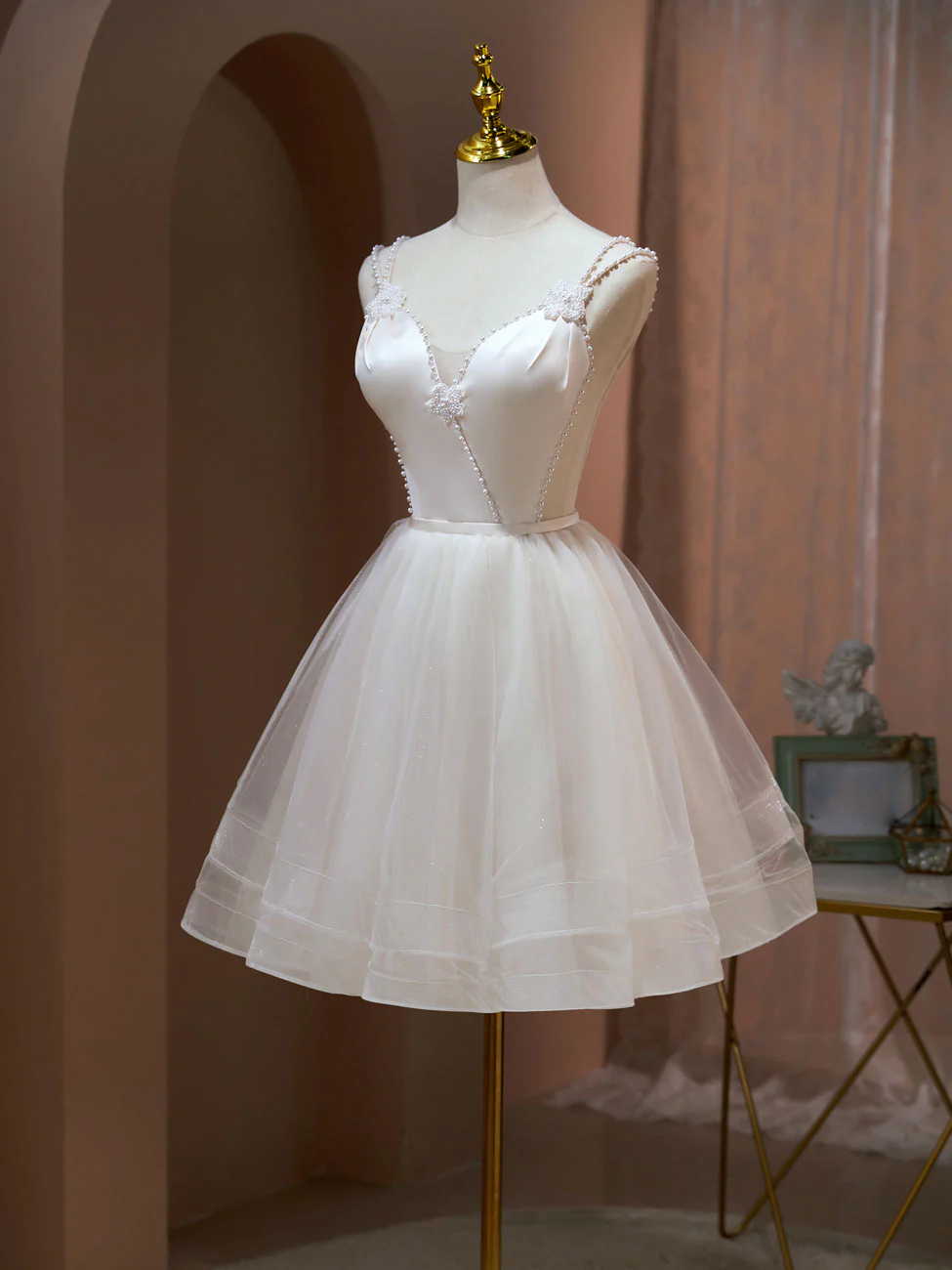 A Line v neck tulle Short Beige Prom Dresses, Cute Puffy Beige Homecoming Dresses With Beading - Deanwangkt
