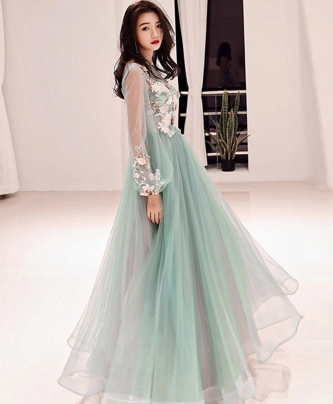 Green Tulle Lace Applique Long Prom Dress, Green Evening Dress - Deanwangkt