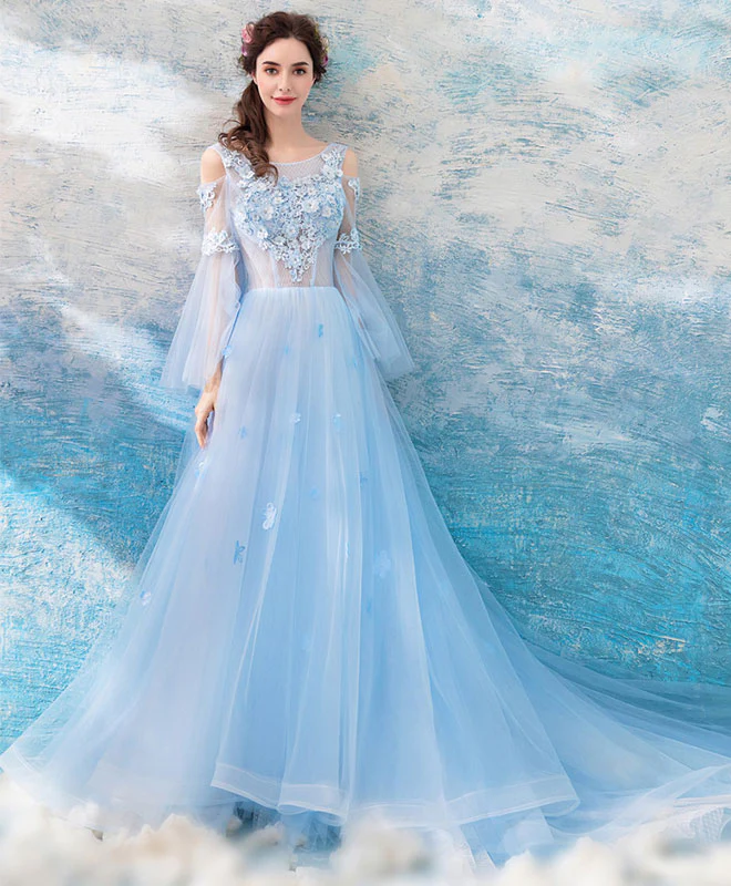 Blue Round Neck Tulle Lace Long Prom Dress, Blue Long Evening Dress - Deanwangkt