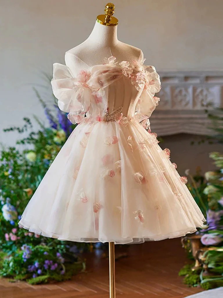 A-Line Off Shoulder Tulle Short Champagne Prom Dress, Cute Homecoming Dress - Deanwangkt