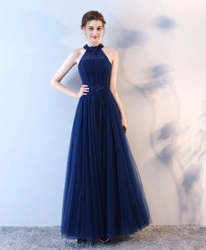 Blue Halter Tulle Long Prom Dress, Blue Evening Dress - Deanwangkt