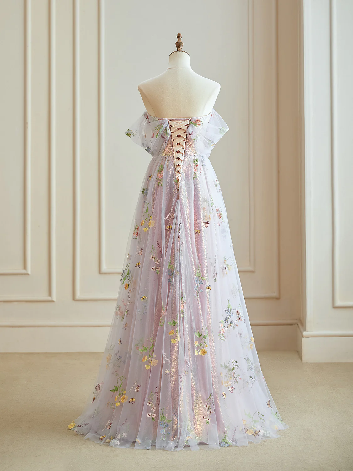 A-Line Off Shoulder Tulle Lace Sequin Purple Long Prom Dress, Purple Sequin Long Evening Dress - Deanwangkt