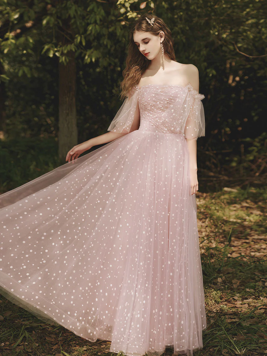 Aline Pink Tulle Long Prom Dresses, Pink Off Shoulder Formal Graduation Dresses - Deanwangkt