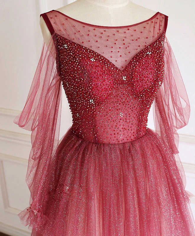 Burgundy Round Neck Tulle Long Prom Dress Burgundy Evening Dress - Deanwangkt