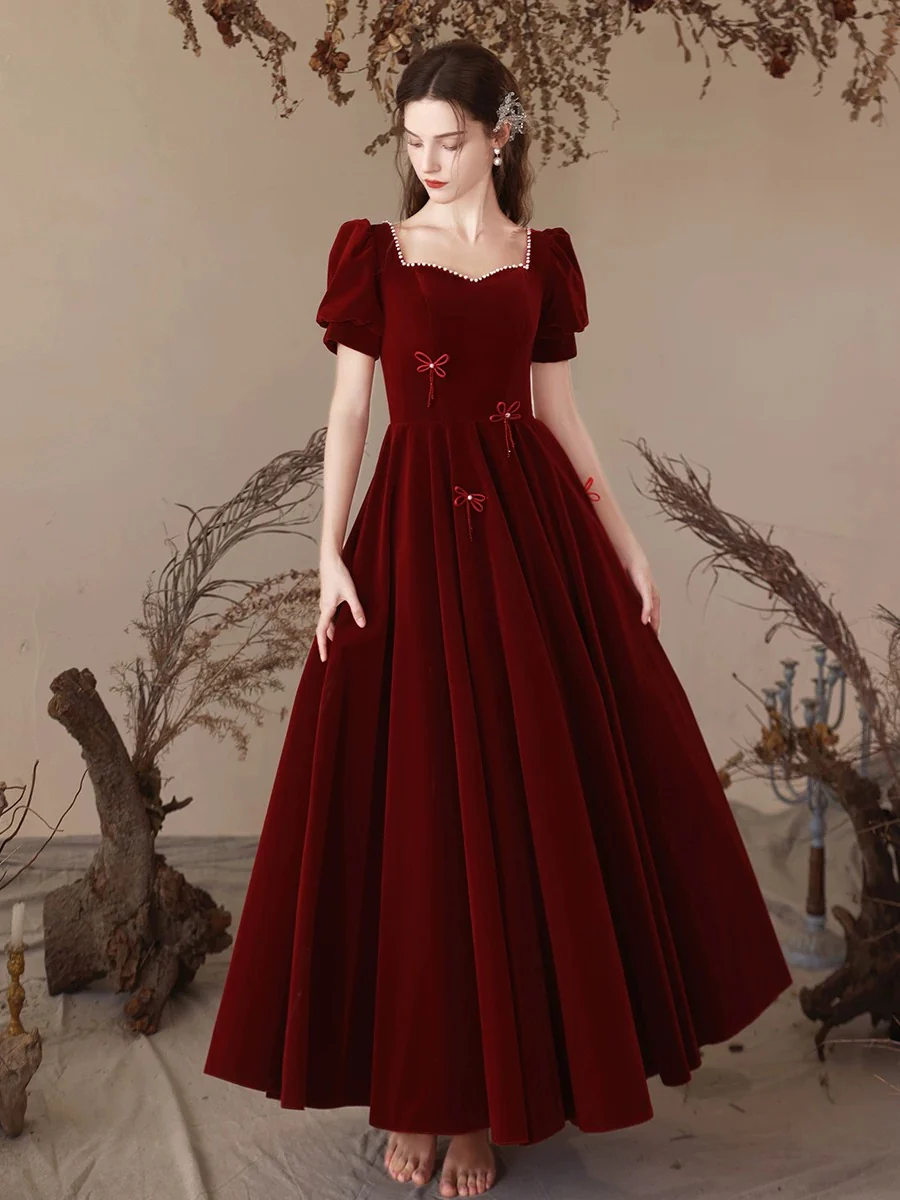 A-Line Velvet Burgundy Long Prom Dress, Burgundy Long Formal Dress - Deanwangkt