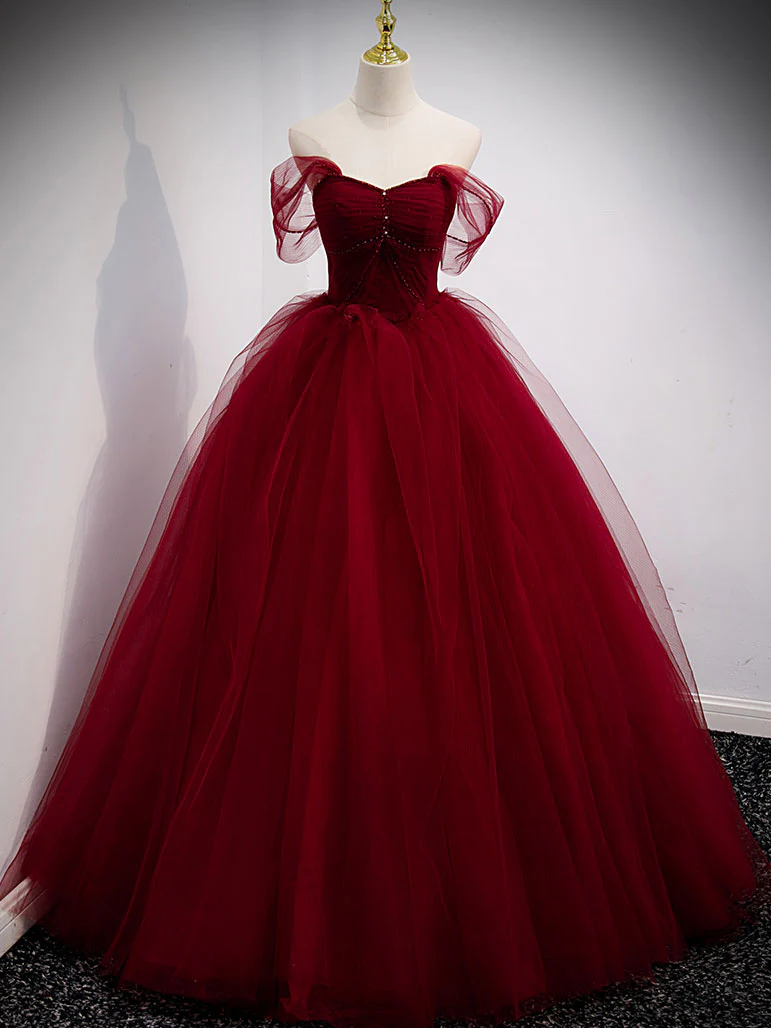 Burgundy Off Shoulder Tulle Long Prom Dress, Burgundy Formal Dress - Deanwangkt