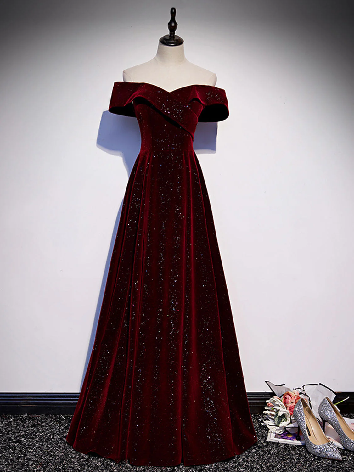 A-Line Off  Shoulder Velvet Burgundy Long Prom Dress, Burgundy Long Formal Dress - Deanwangkt