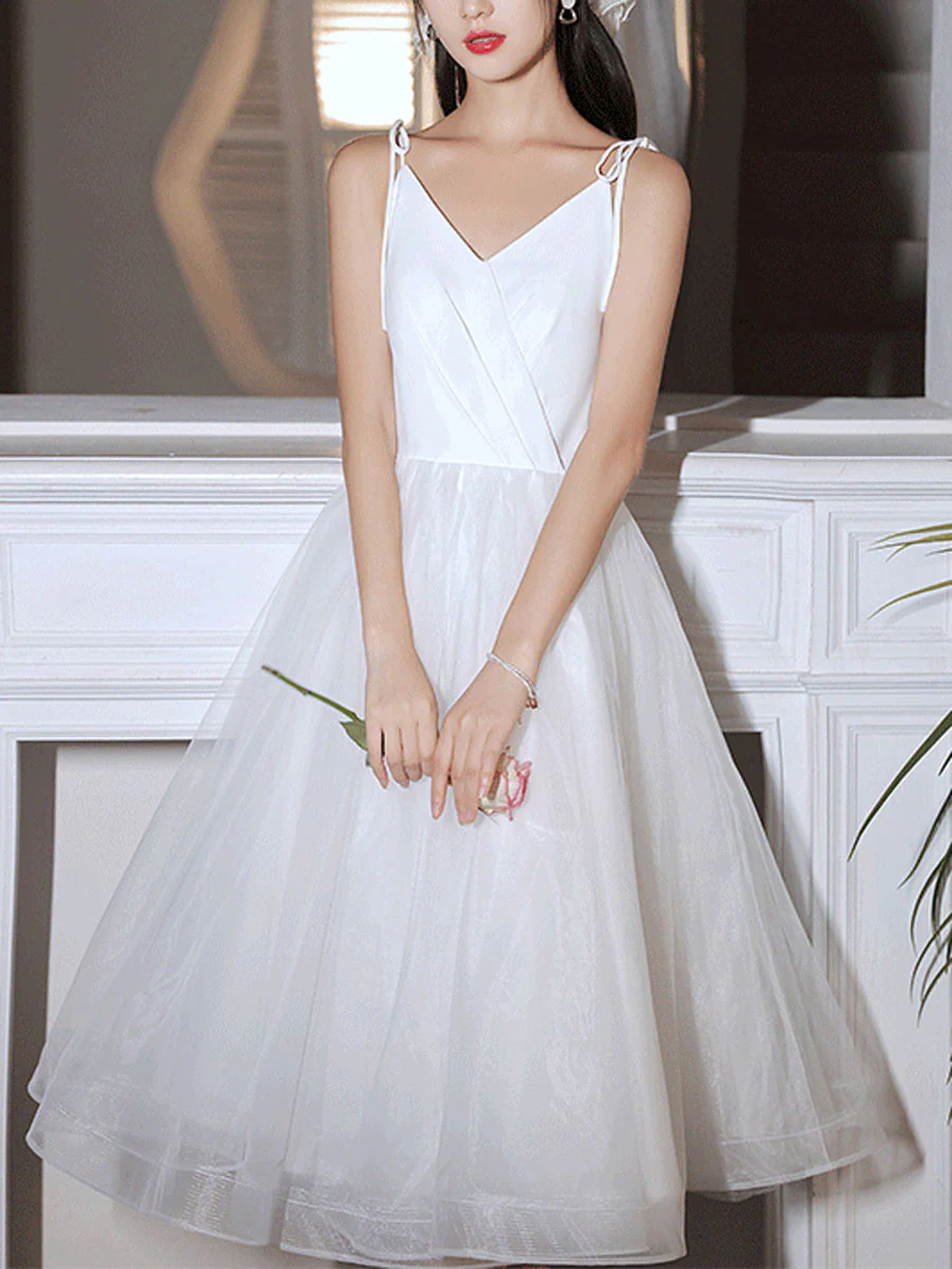 Simple White V Neck Short Prom Dress, White Homecoming Dress - Deanwangkt