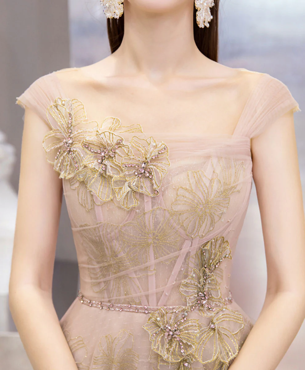 Pink Tulle Lace Long Prom Dress Pink Tulle Formal Dress - Deanwangkt