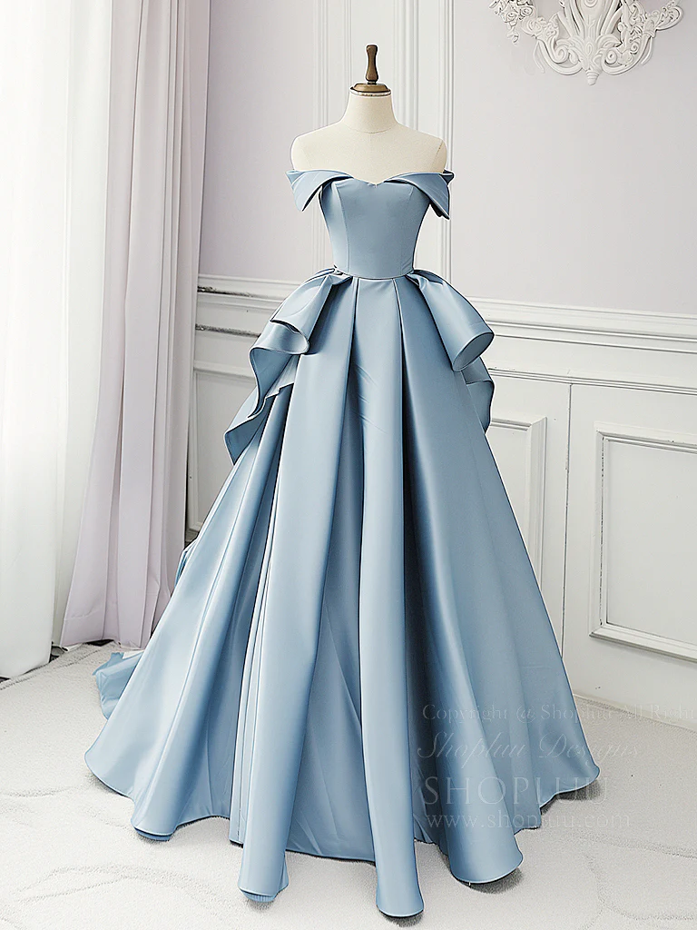 Simple A-Line Satin Blue Long Prom Dress, Blue Satin Long Formal Dress - Deanwangkt