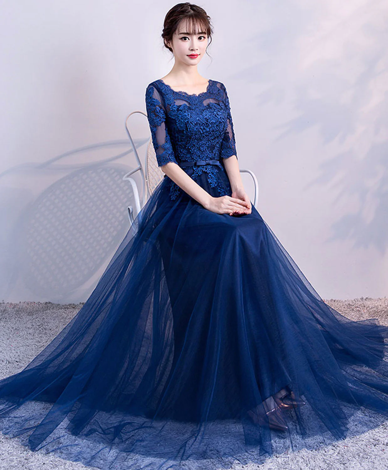 Blue Tulle Lace Long Prom Dress, Lace Evening Dress - Deanwangkt