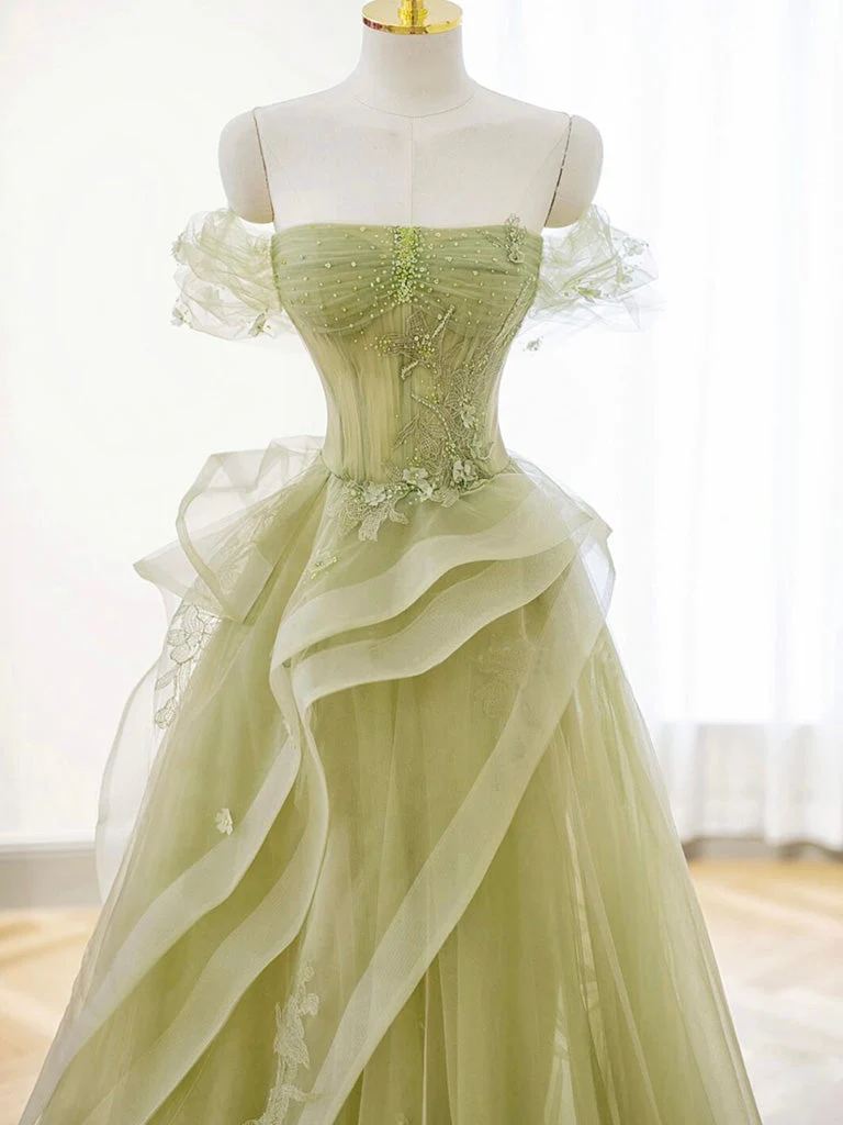 A-Line Off Shoulder Tulle Lace Green Long Prom Dress, Green Lace Long Formal Dress - Deanwangkt