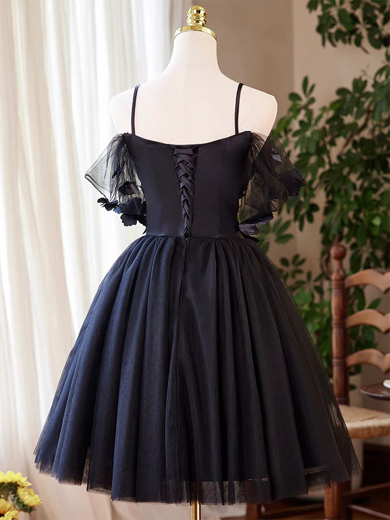 A-Line Sweetheart Neck Tulle Flower Black Short Prom Dress, Black Homecoming Dress - Deanwangkt
