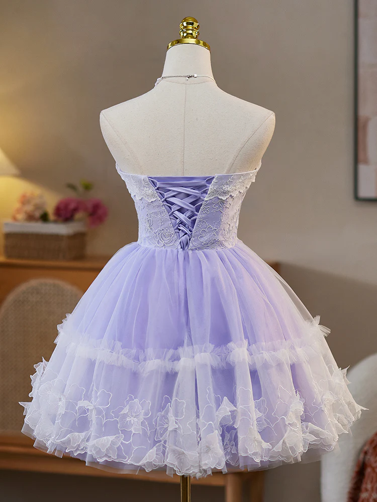 A-Line Sweetheart Neck Tulle Lace Purple Short Prom Dress, Purple Homecoming Dress - Deanwangkt