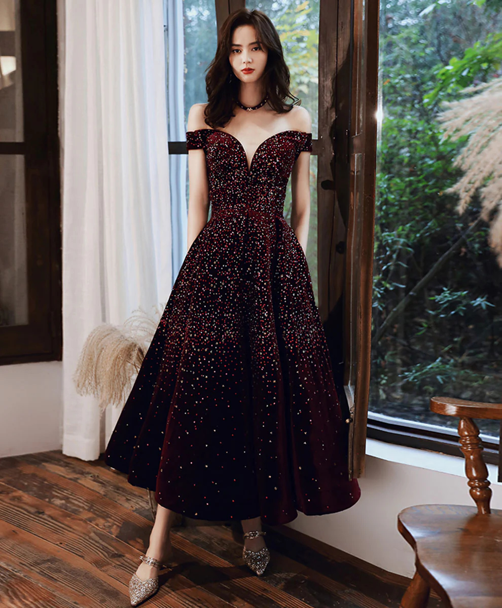 Aline Velvet Sequin Tea Length Burgundy Prom Dress, Burgundy Homecoming Dress - Deanwangkt