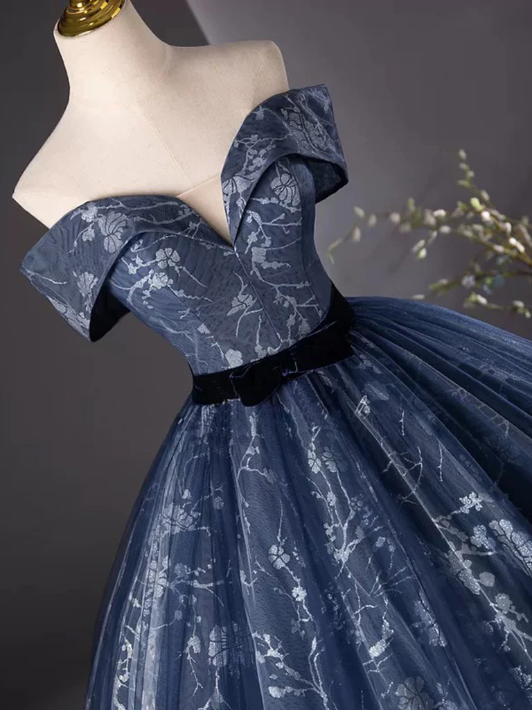 A-Line Off Shoulder Tulle Lace Dark Blue Long Prom Dress, Dark Blue Long Formal Dress - Deanwangkt