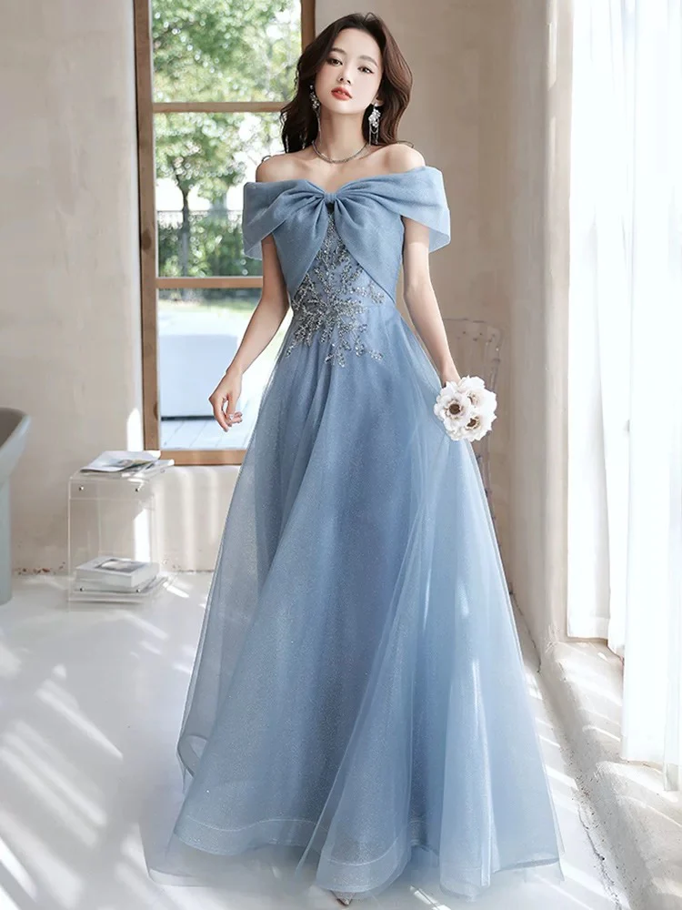 A-Line Off Shoulder Tulle Gray Blue Long Prom Dress, Gray Blue Long Formal Dress - Deanwangkt